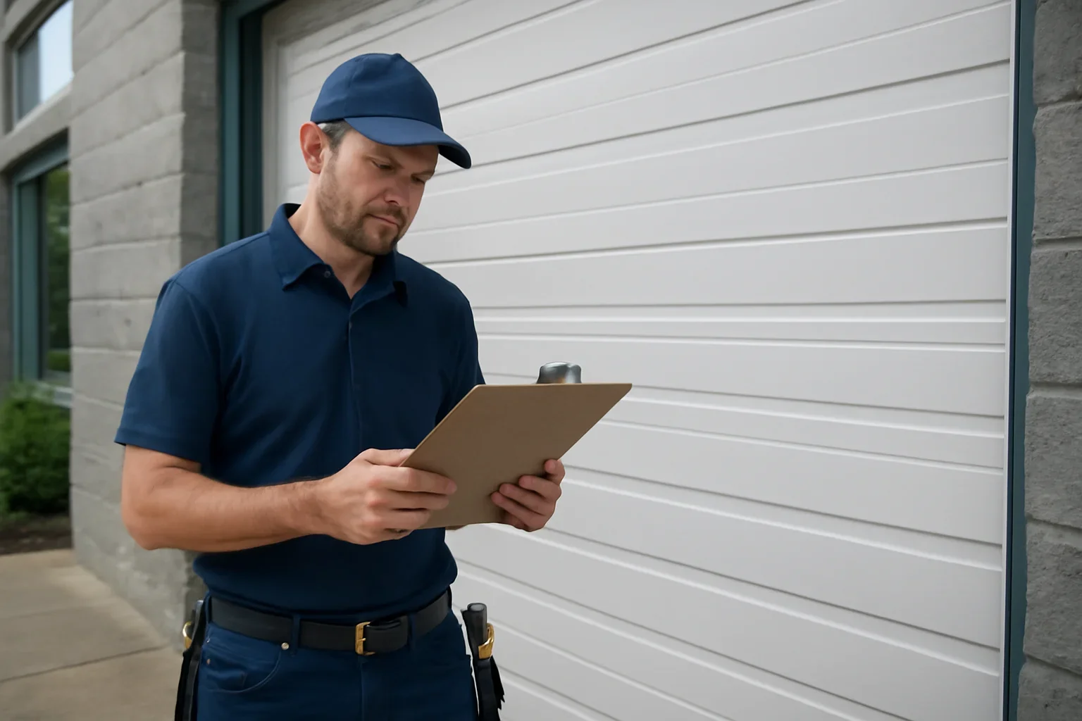 Technician assessing a commercial garage door at a Clayton Heights property in Surrey