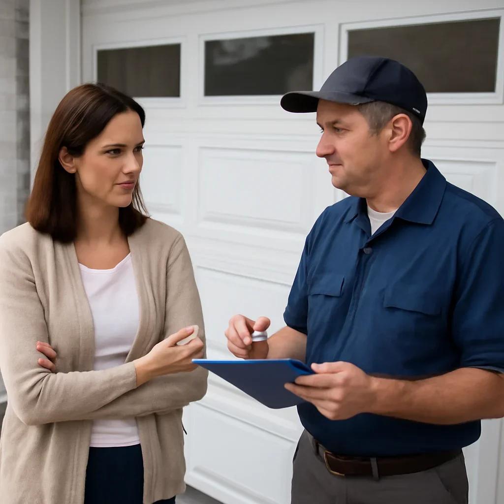 Business or property representative discussing commercial garage door repair in Cloverdale