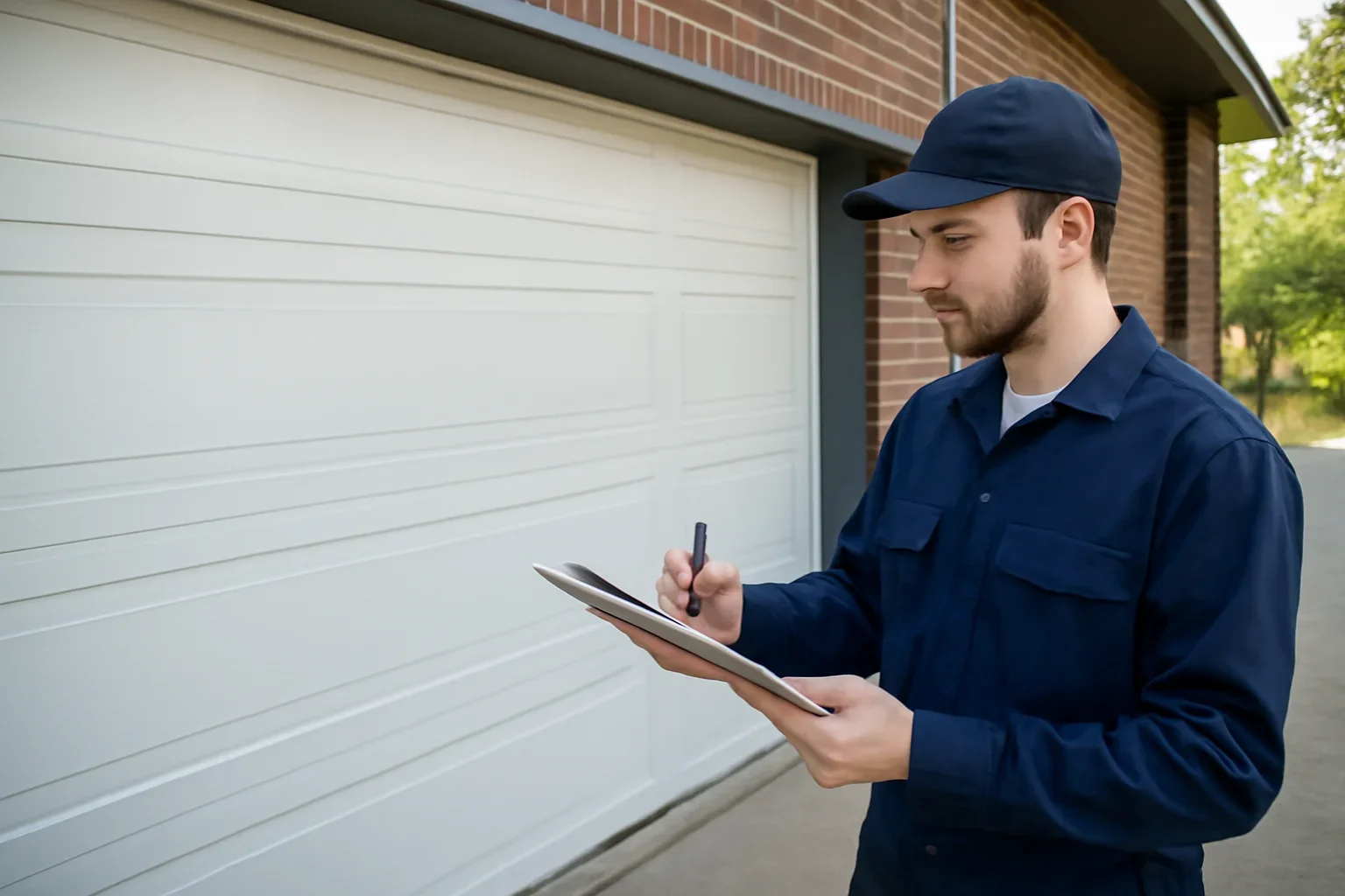 Technician assessing a commercial garage door at a Cloverdale property in Surrey