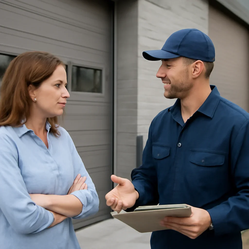 Business owner discussing commercial garage door repair in Cloverdale Town Centre Surrey
