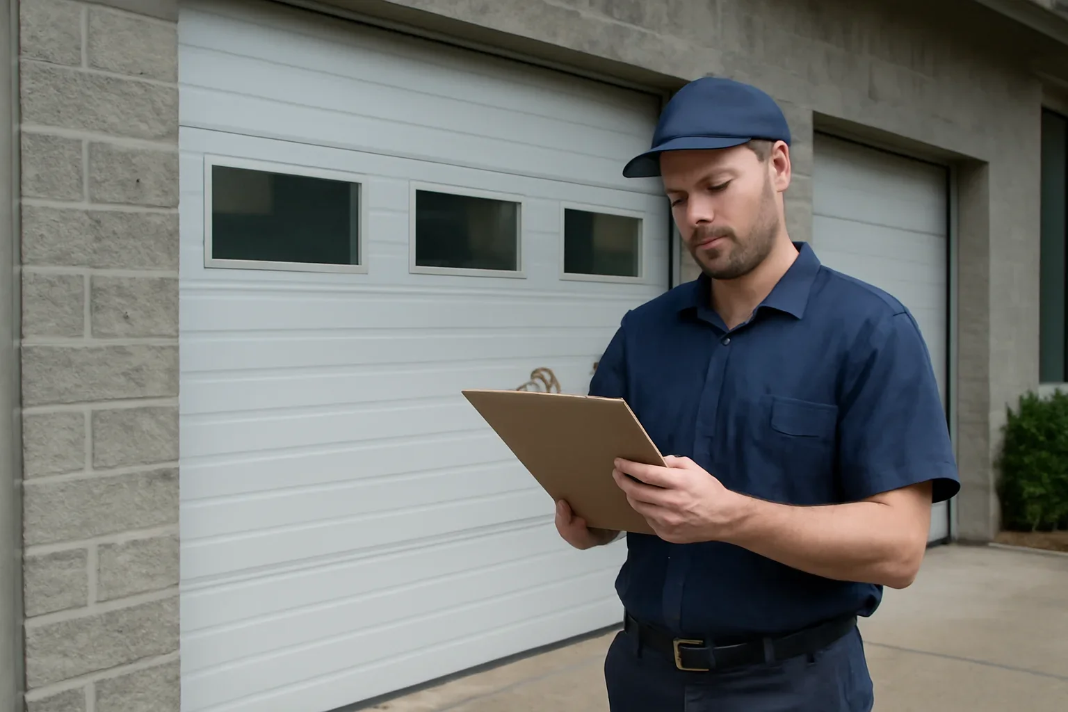 Technician assessing a commercial garage door at a Cloverdale Town Centre Surrey property