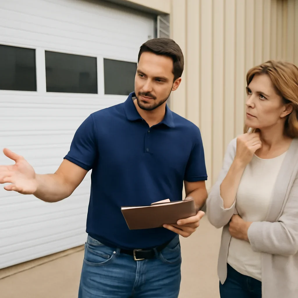 Property manager discussing commercial-style garage door repair in Crescent Beach Surrey