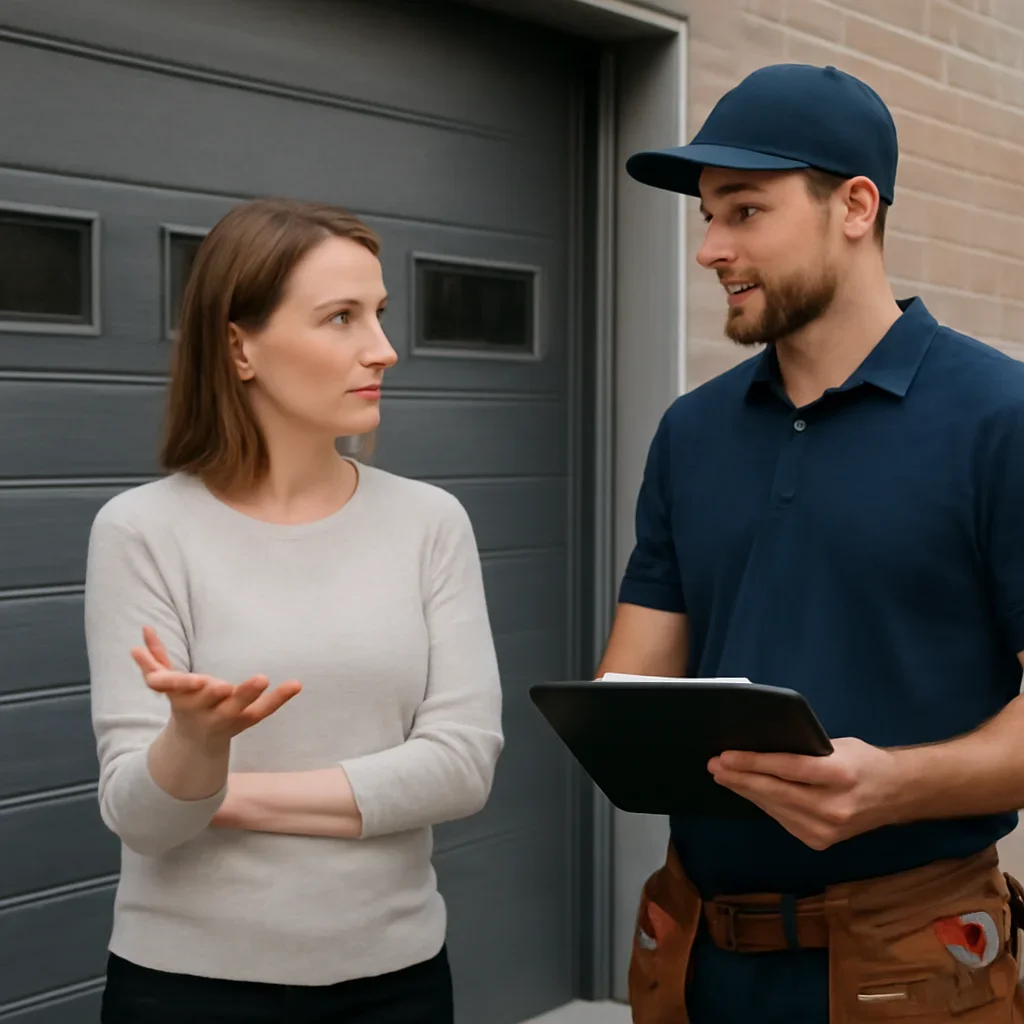 Property manager discussing commercial garage door repair with Surrey Garage Door technician