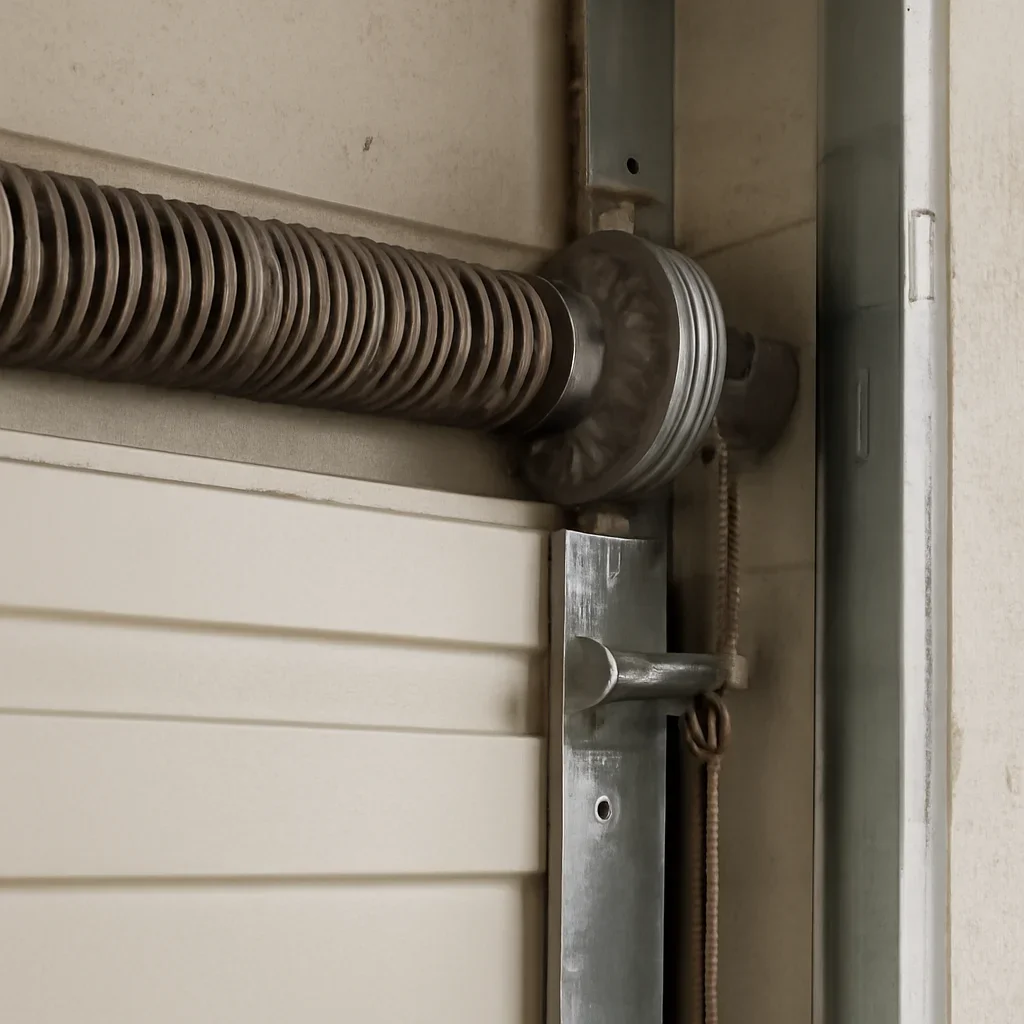 Close view of commercial garage door components during Surrey repair inspection