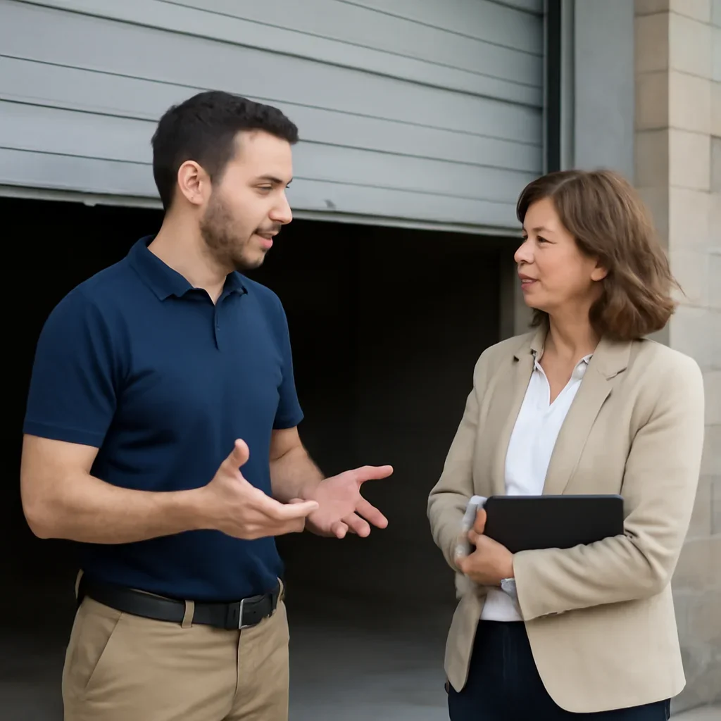 Property manager discussing commercial garage door repair service for a Douglas Surrey property