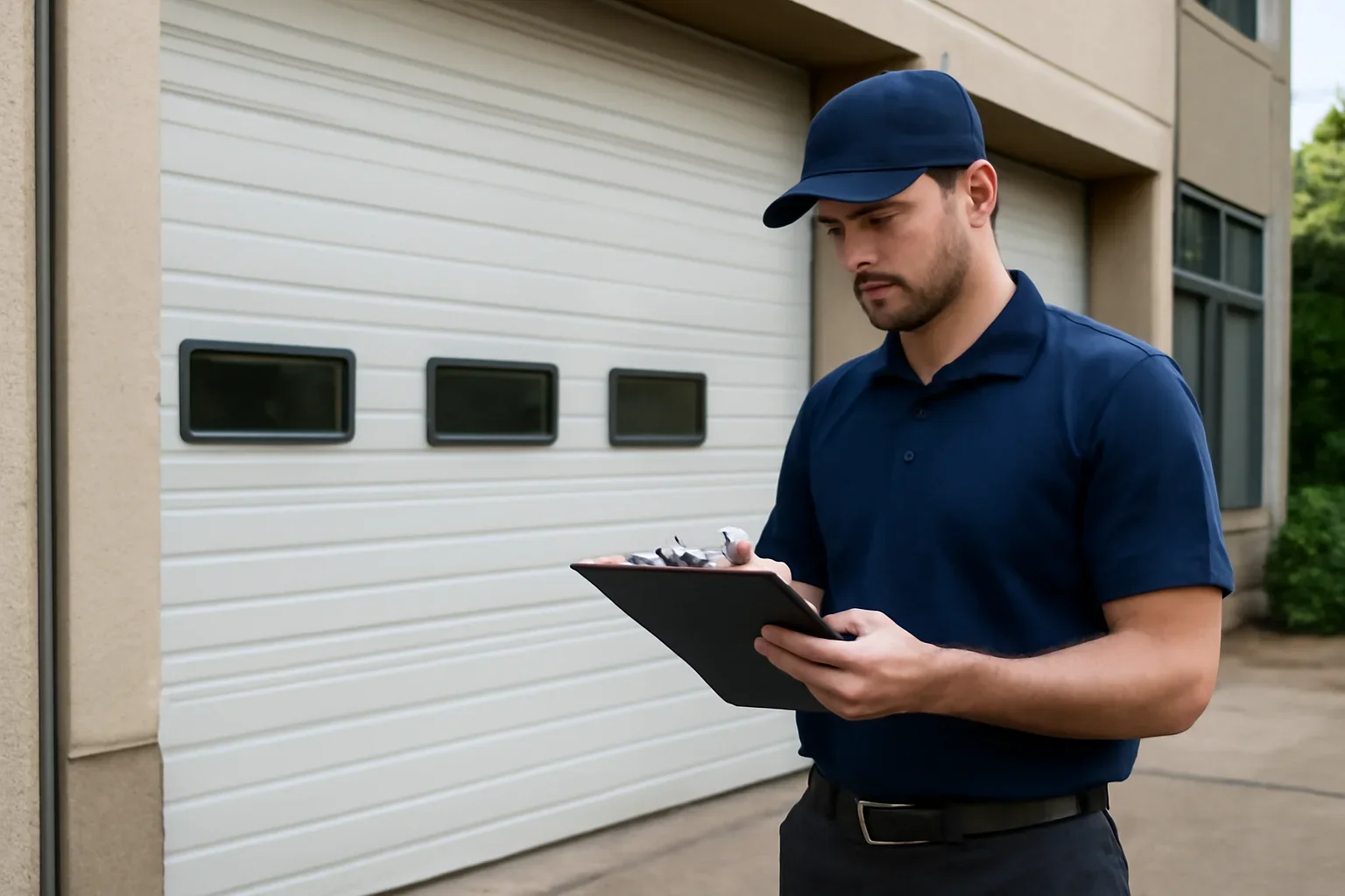 Technician assessing a commercial garage door repair issue at a property in Douglas Surrey