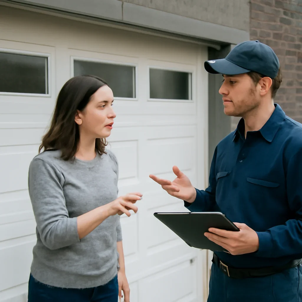 Property manager discussing commercial garage door repair service for an East Newton Surrey property