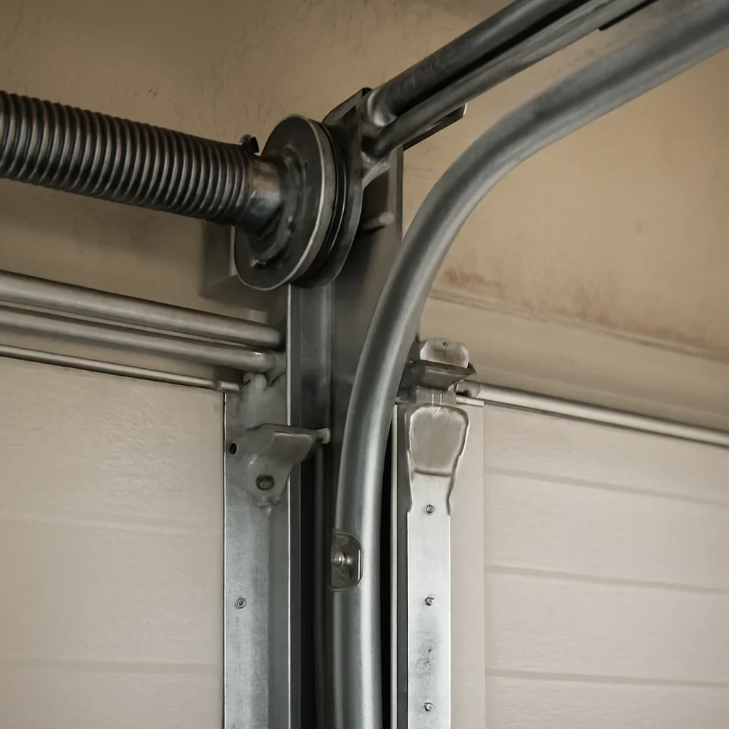 Commercial garage door components being inspected during service in East Newton Surrey