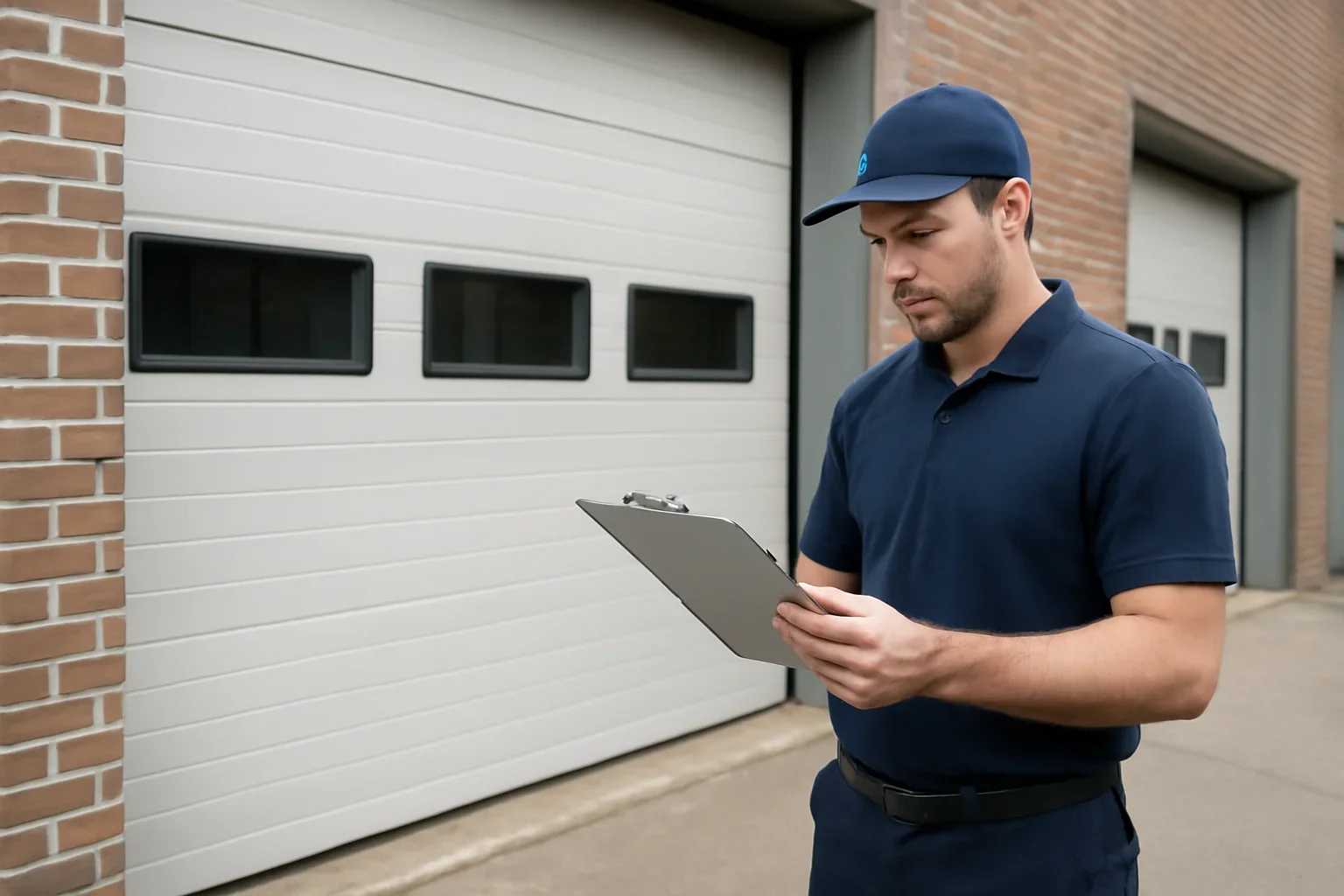 Technician assessing a commercial garage door repair issue at an East Newton Surrey property