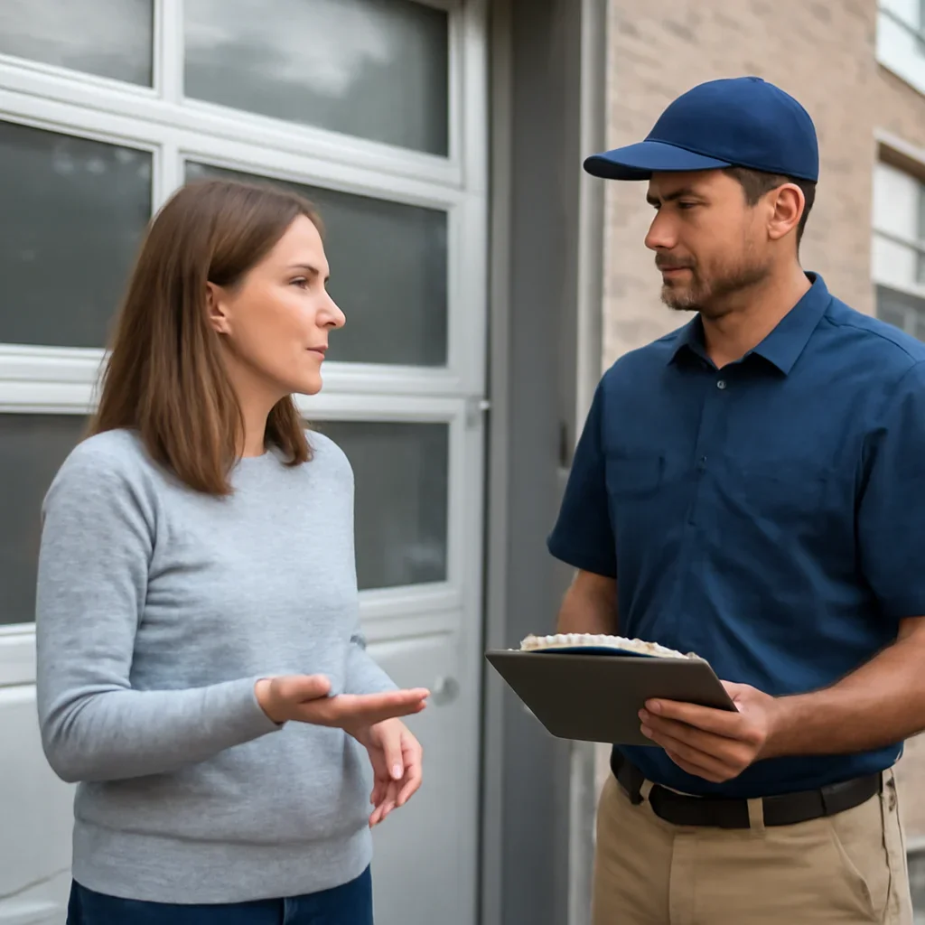 Property owner discussing commercial garage door repair in Elgin Chantrell, Surrey