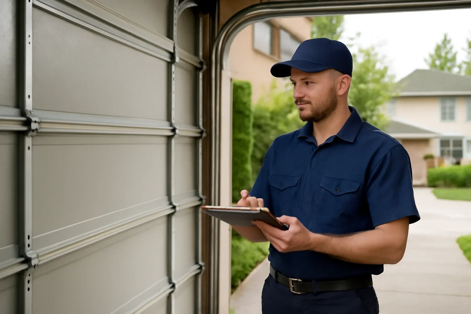 Garage door technician inspecting a commercial-style garage door in Elgin Chantrell, Surrey