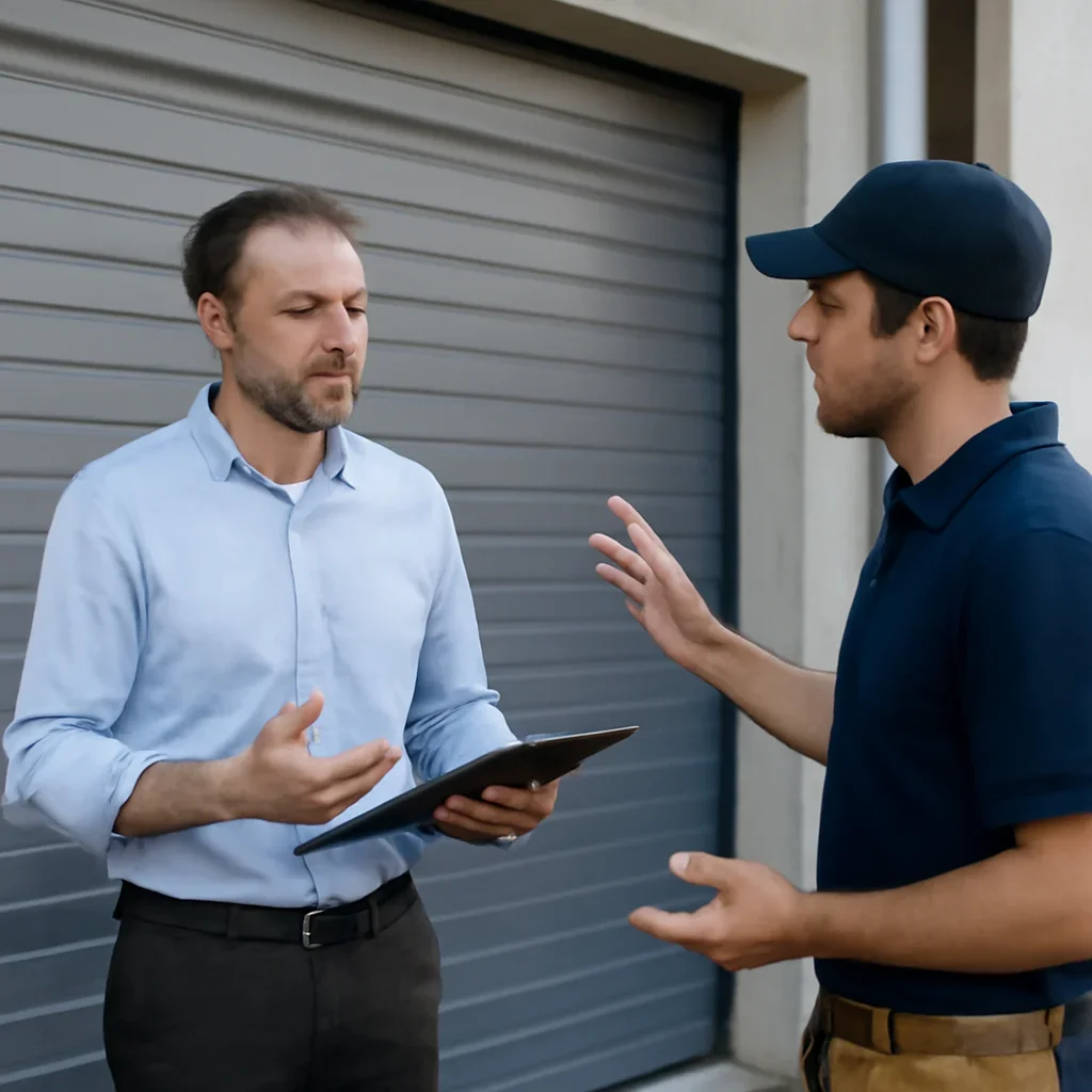 Property manager discussing commercial garage door repair service in Fleetwood Town Centre Surrey