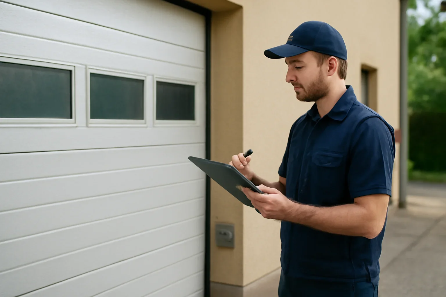 Technician assessing a commercial garage door repair issue in Fleetwood Town Centre Surrey