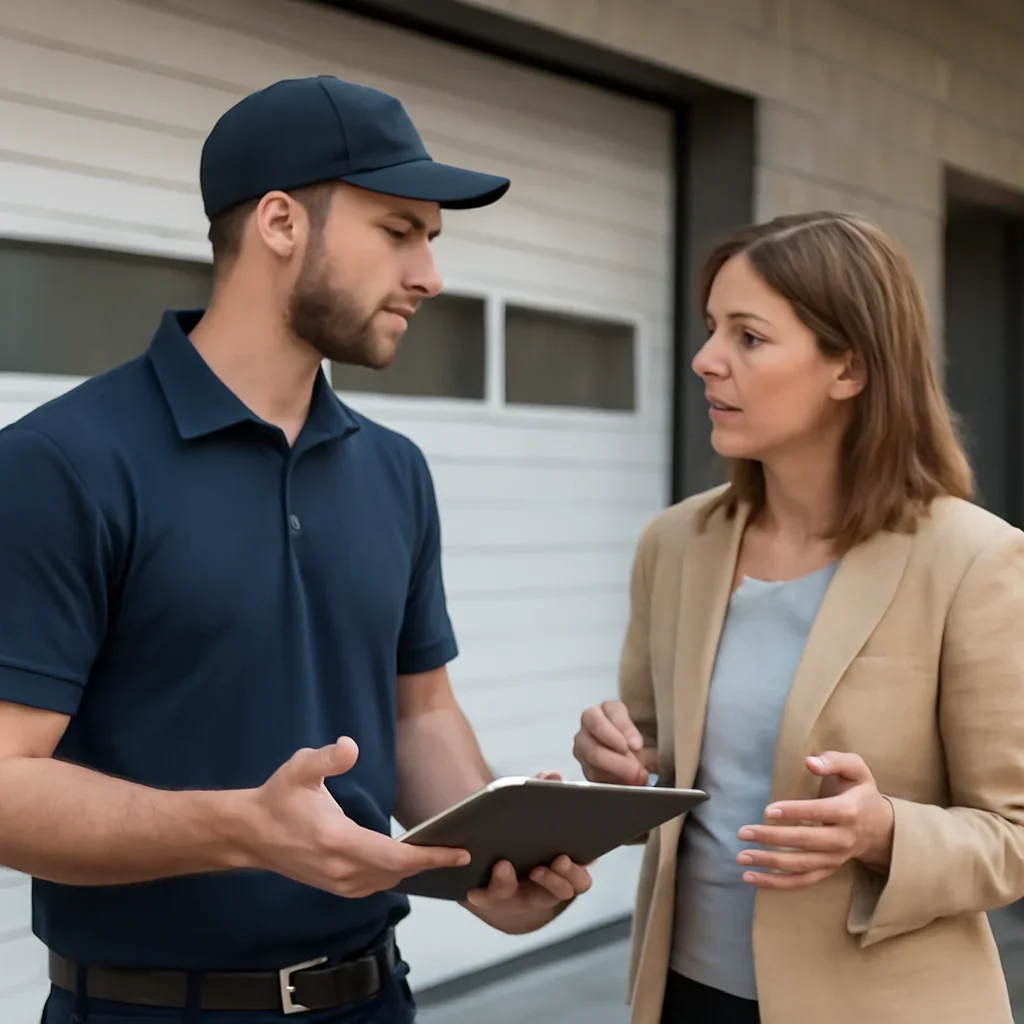 Property manager discussing commercial garage door repair in Fraser Heights, Surrey
