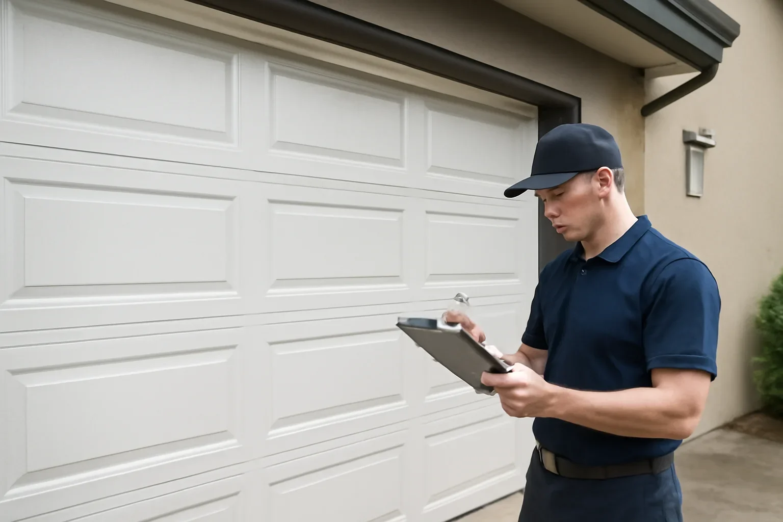 Technician inspecting a commercial garage door in Fraser Heights, Surrey
