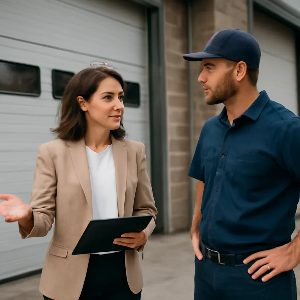 Property manager discussing commercial garage door repair service for a Grandview Heights Surrey property