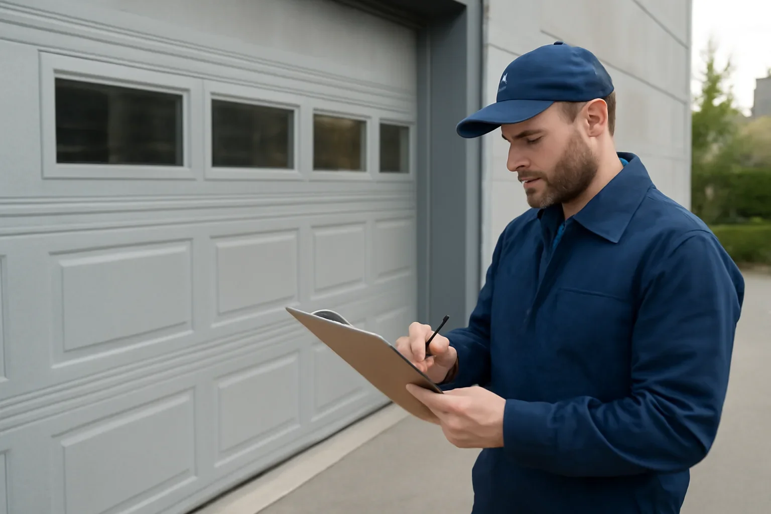 Technician assessing a commercial garage door repair issue at a Grandview Heights Surrey property