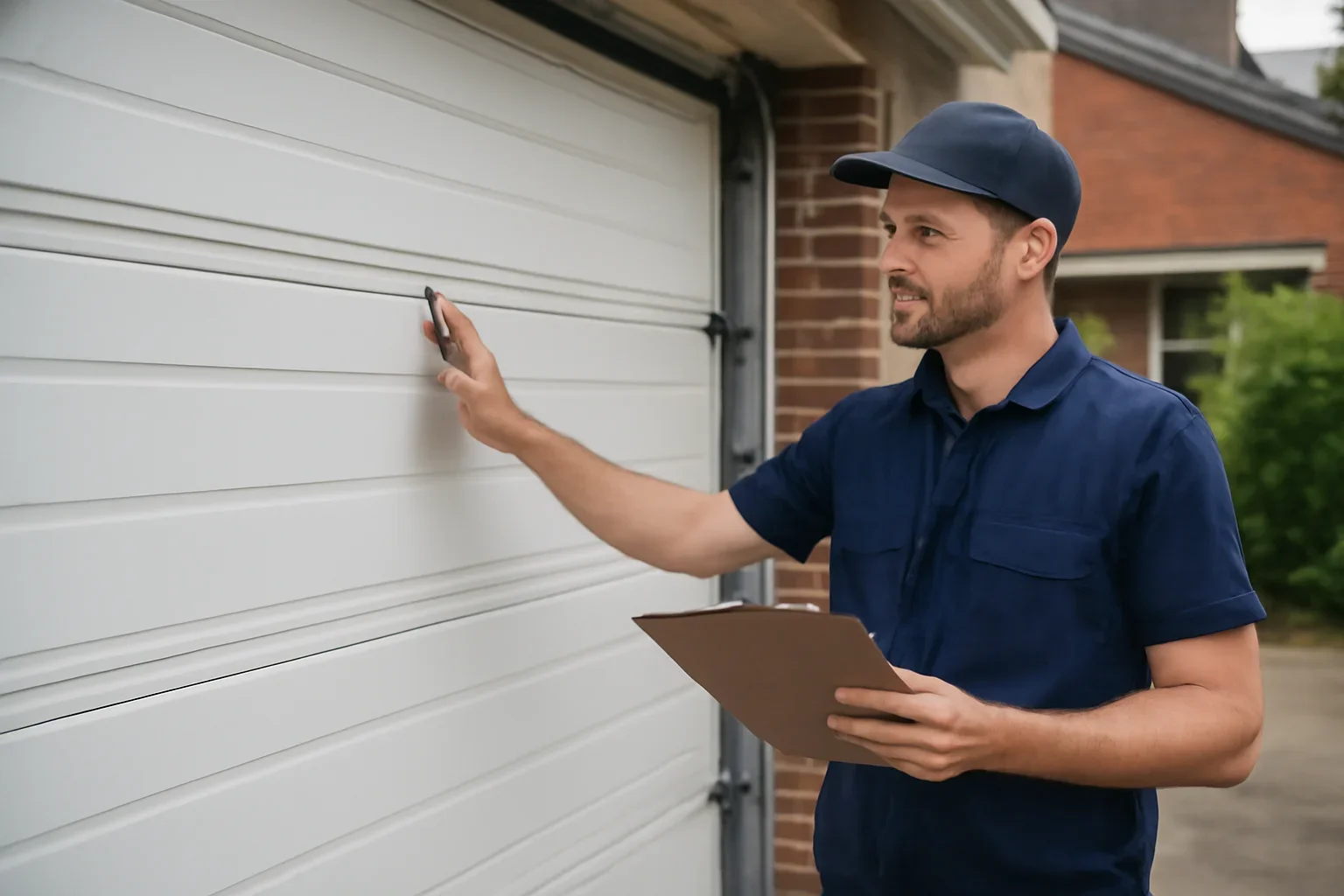 Technician assessing a commercial garage door repair problem at a Guildford Surrey property