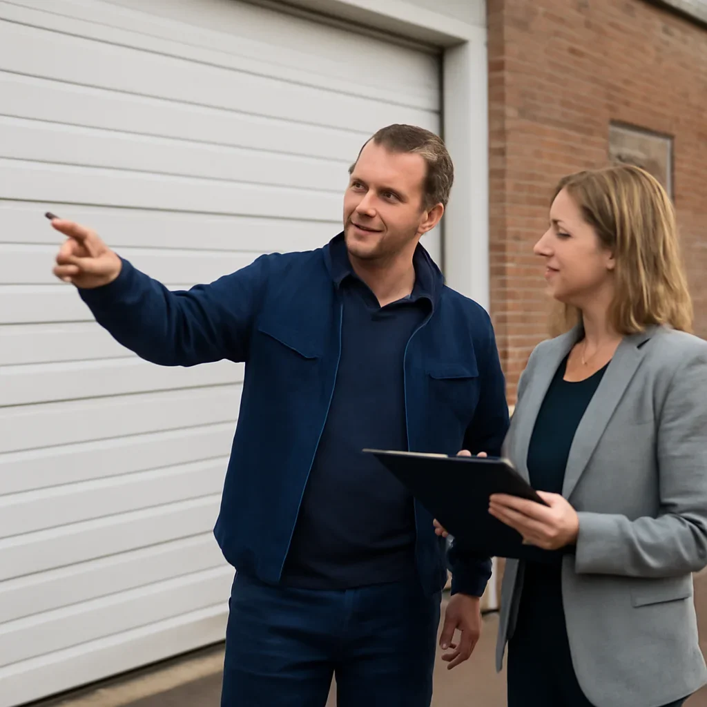 Property manager discussing commercial garage door repair in Guildford Town Centre, Surrey