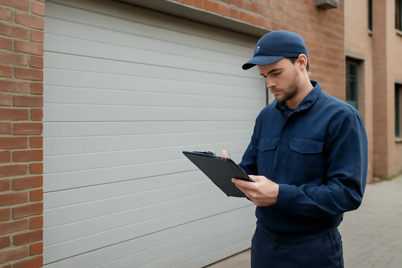Technician inspecting a commercial garage door in Guildford Town Centre, Surrey