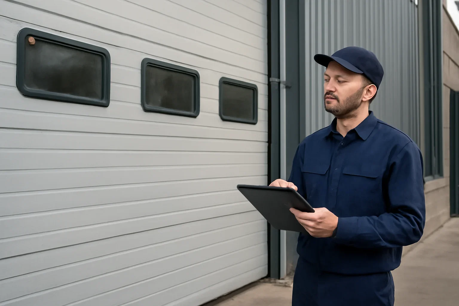 Garage door technician reviewing commercial garage door repair Surrey at a Surrey property