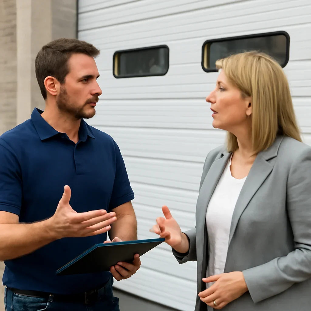 Property manager discussing commercial garage door repair for a King George Corridor property in Surrey