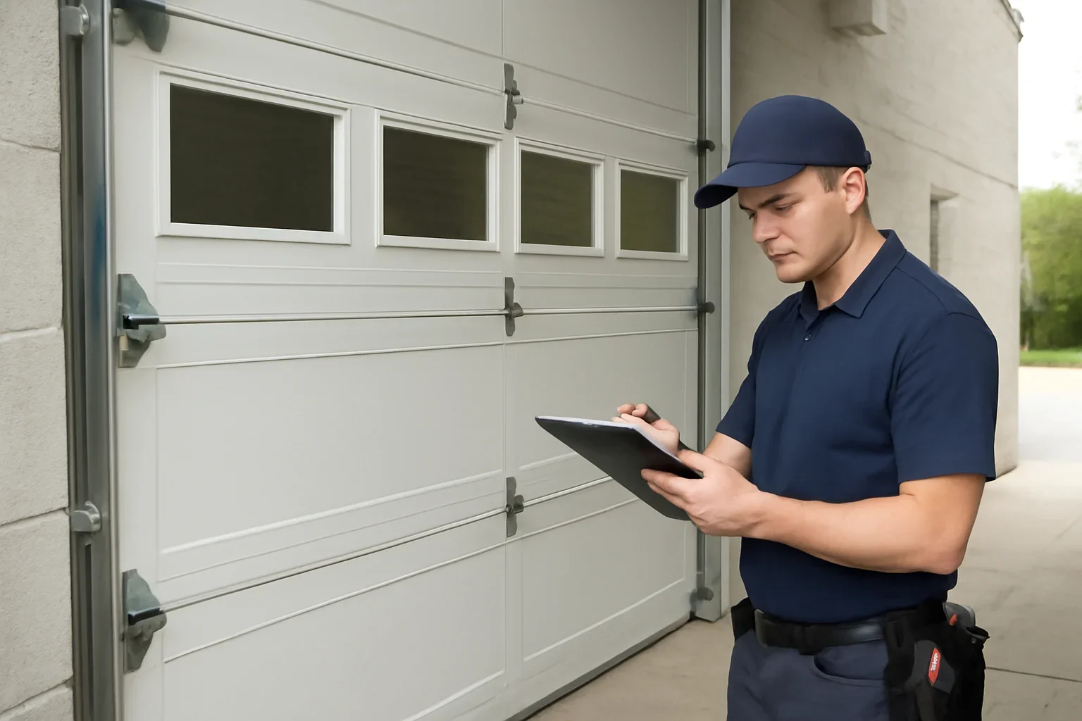Technician inspecting a commercial garage door at a King George Corridor property in Surrey
