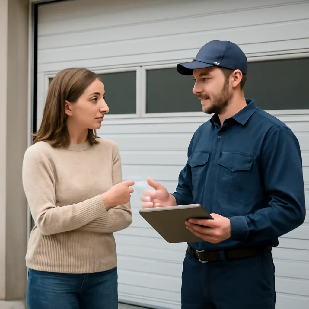 Property manager discussing commercial garage door repair service for a Morgan Heights Surrey property