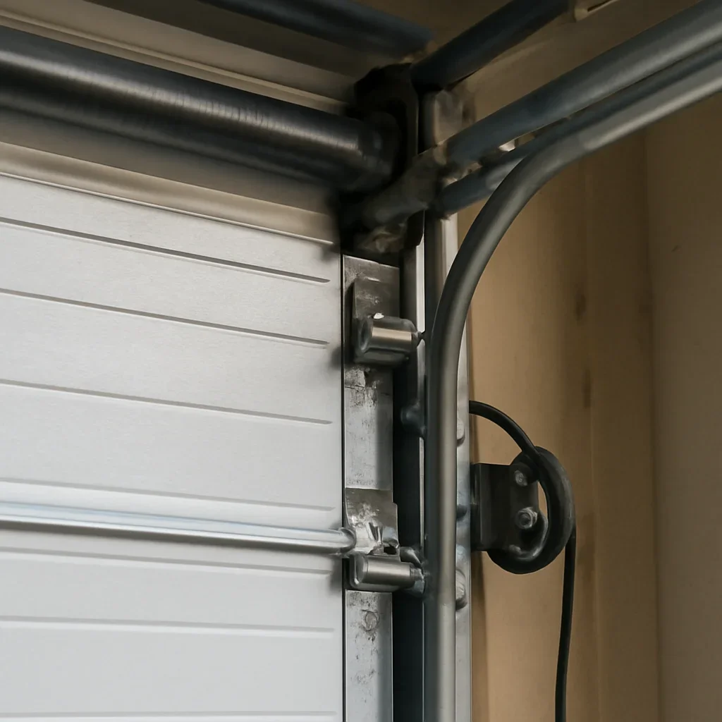 Commercial garage door hardware being inspected during service in Morgan Heights Surrey