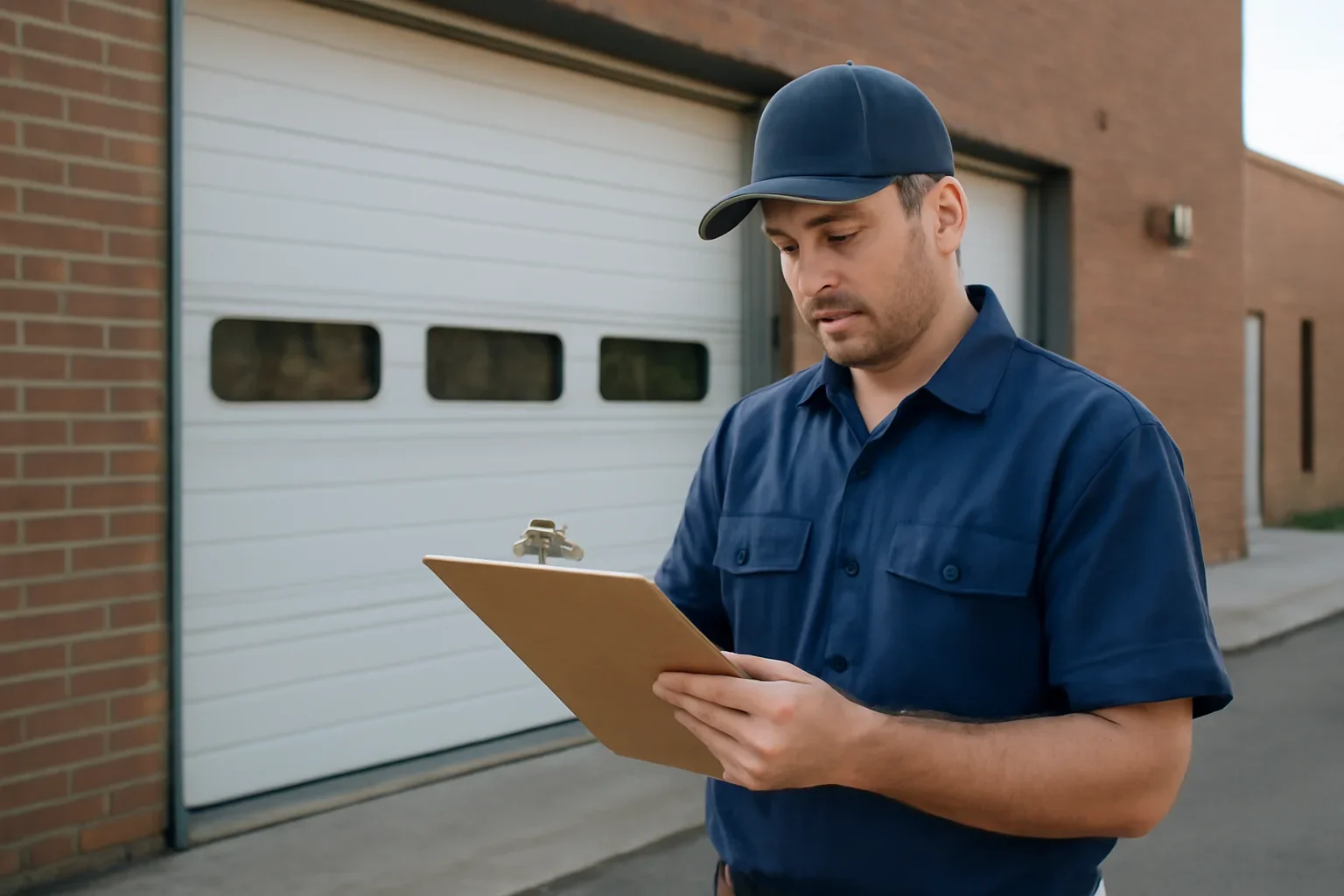 Technician inspecting a commercial-style garage door at a Morgan Heights property in Surrey