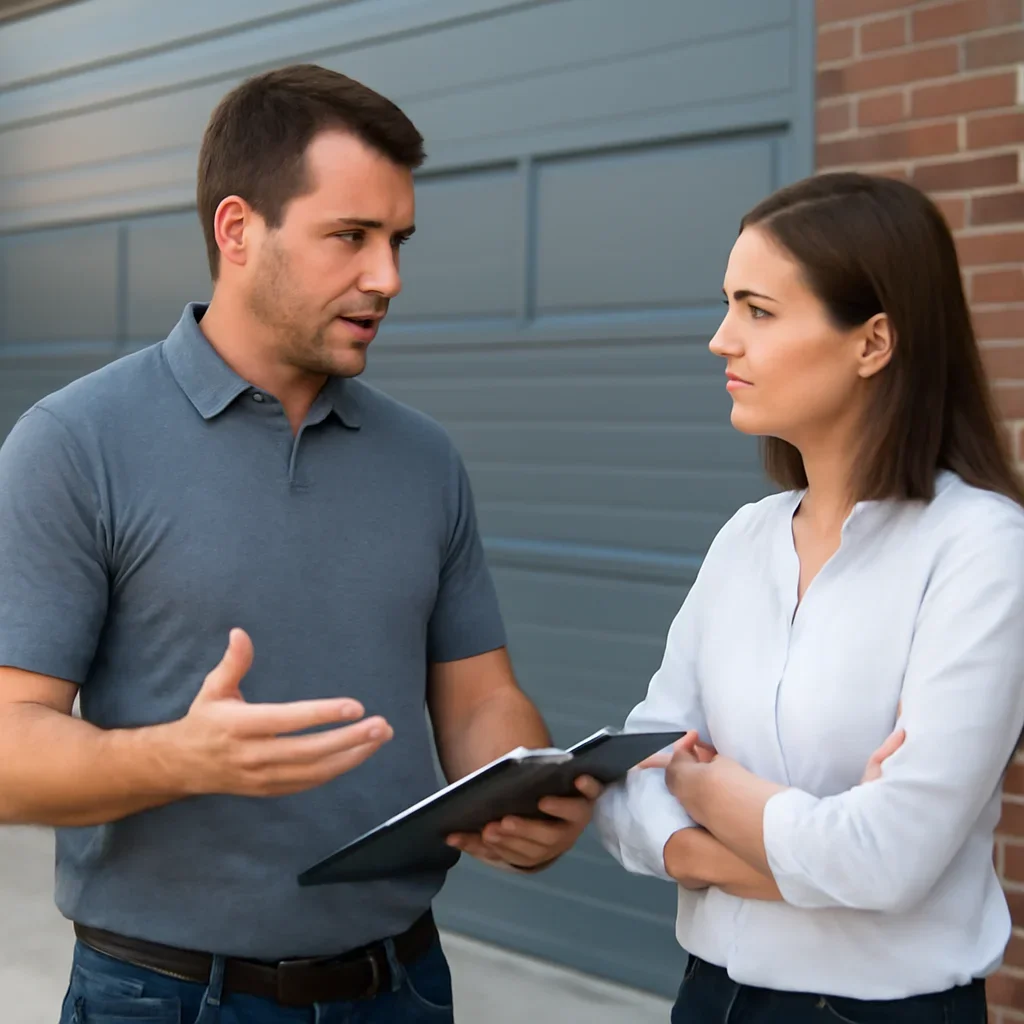 Property manager discussing commercial garage door repair service for a Newton Surrey property