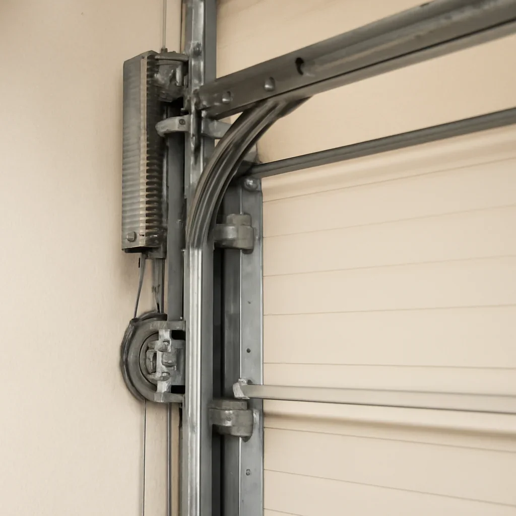 Commercial garage door hardware being inspected during repair service in Newton Surrey