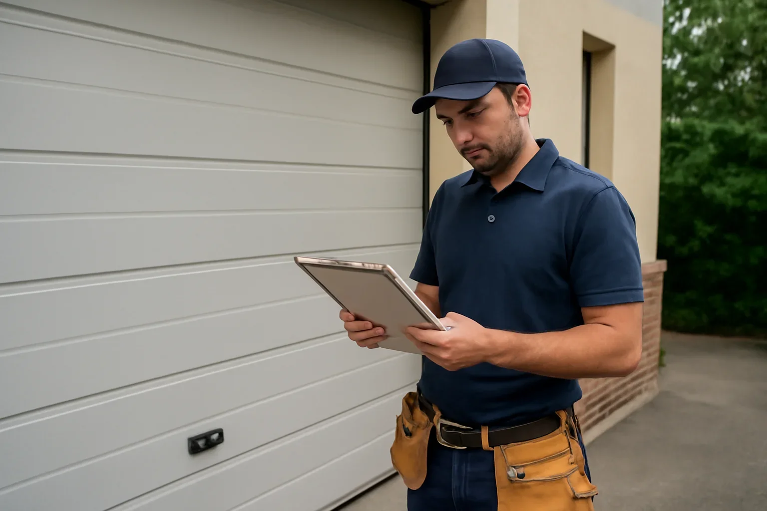 Technician inspecting a commercial garage door at a Newton Surrey property