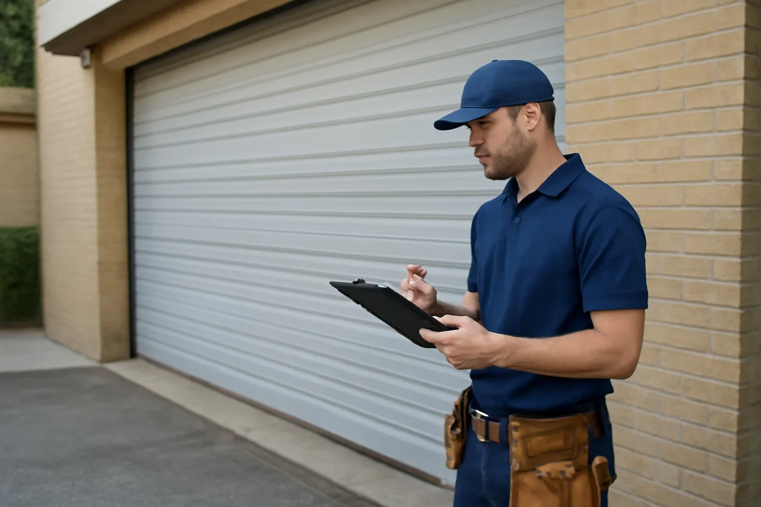 Technician inspecting a commercial garage door at a Newton Town Centre property in Surrey