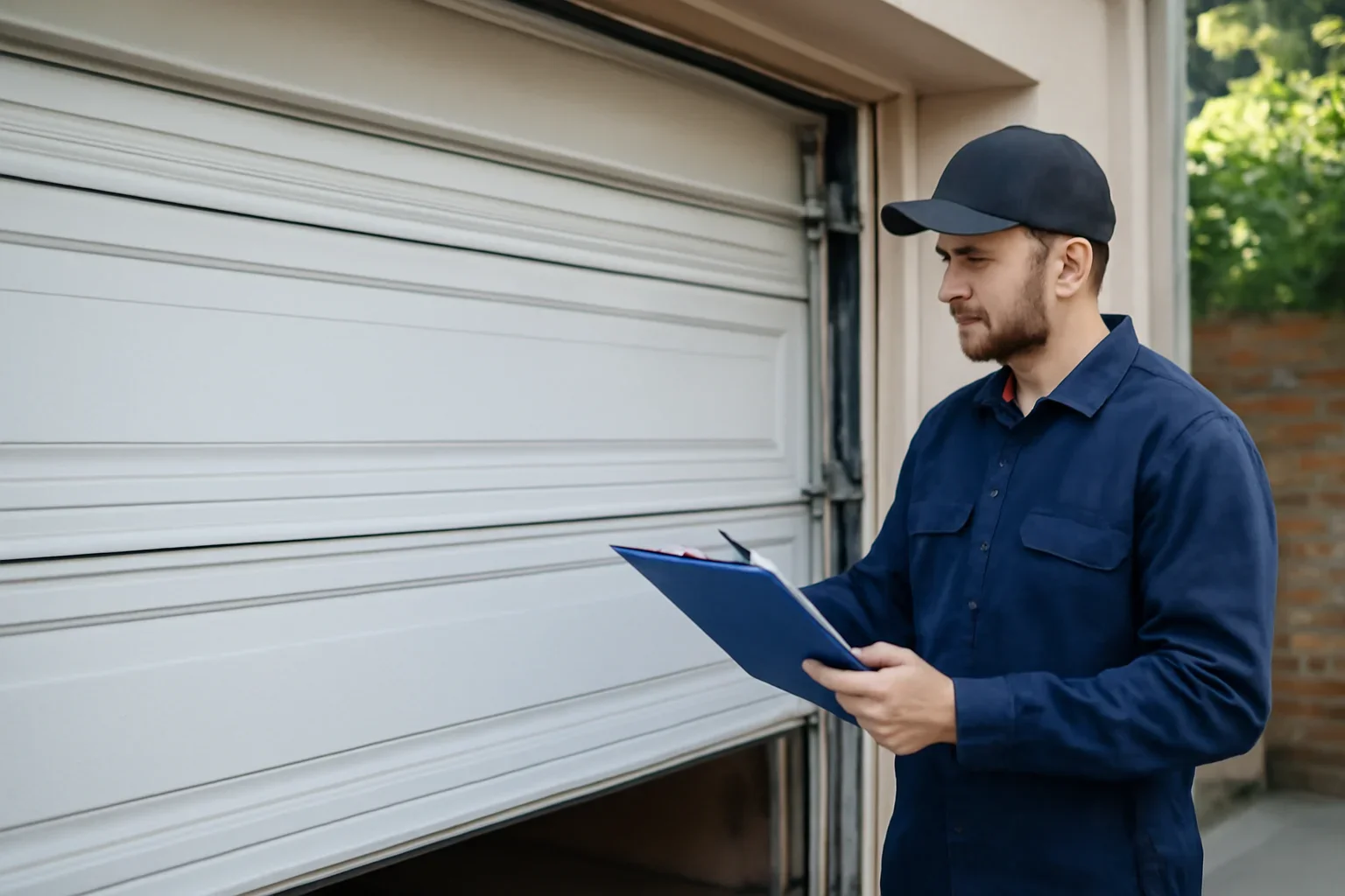 Technician inspecting a commercial garage door at an Ocean Park property in Surrey