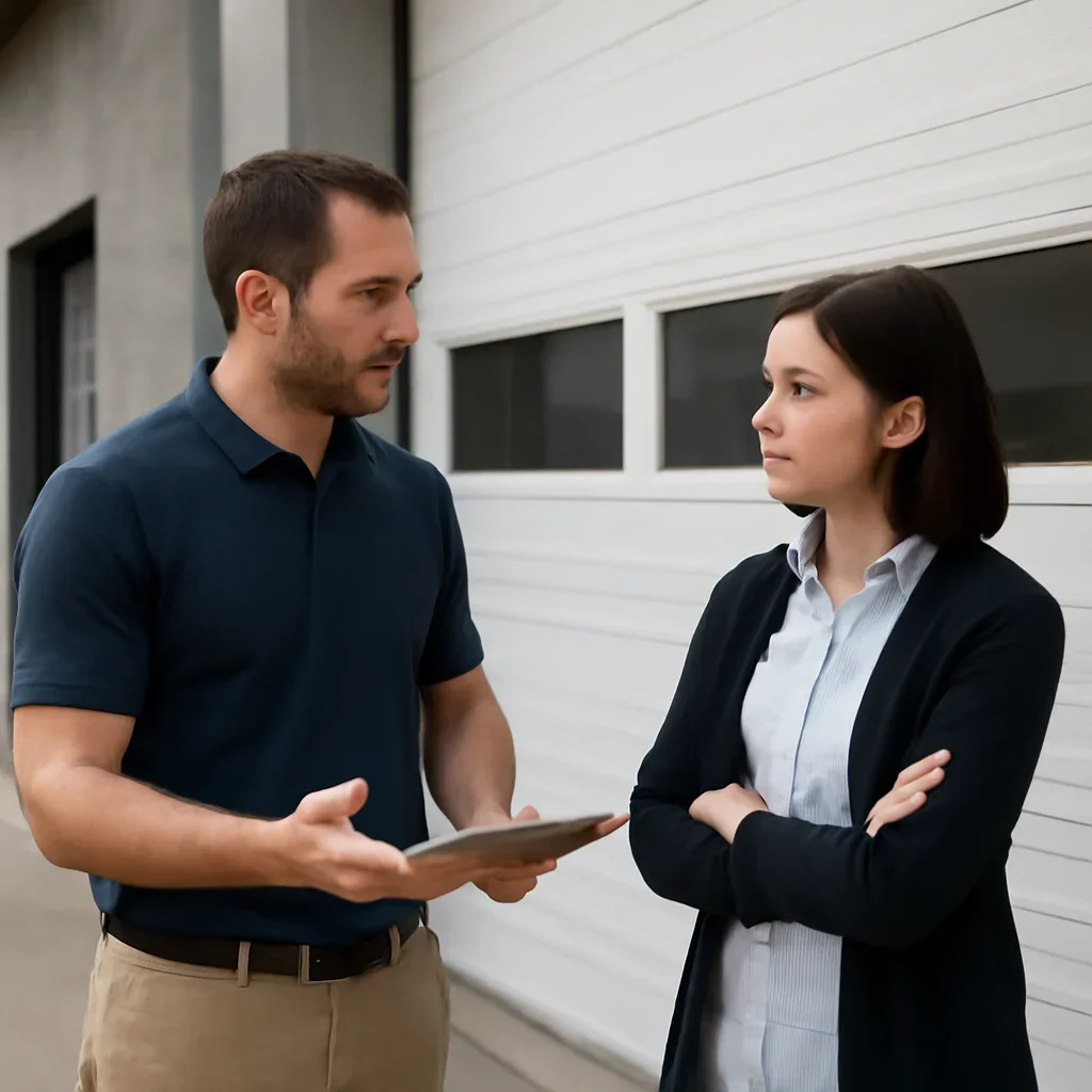 Property manager discussing commercial garage door repair for a Pacific Douglas property in Surrey