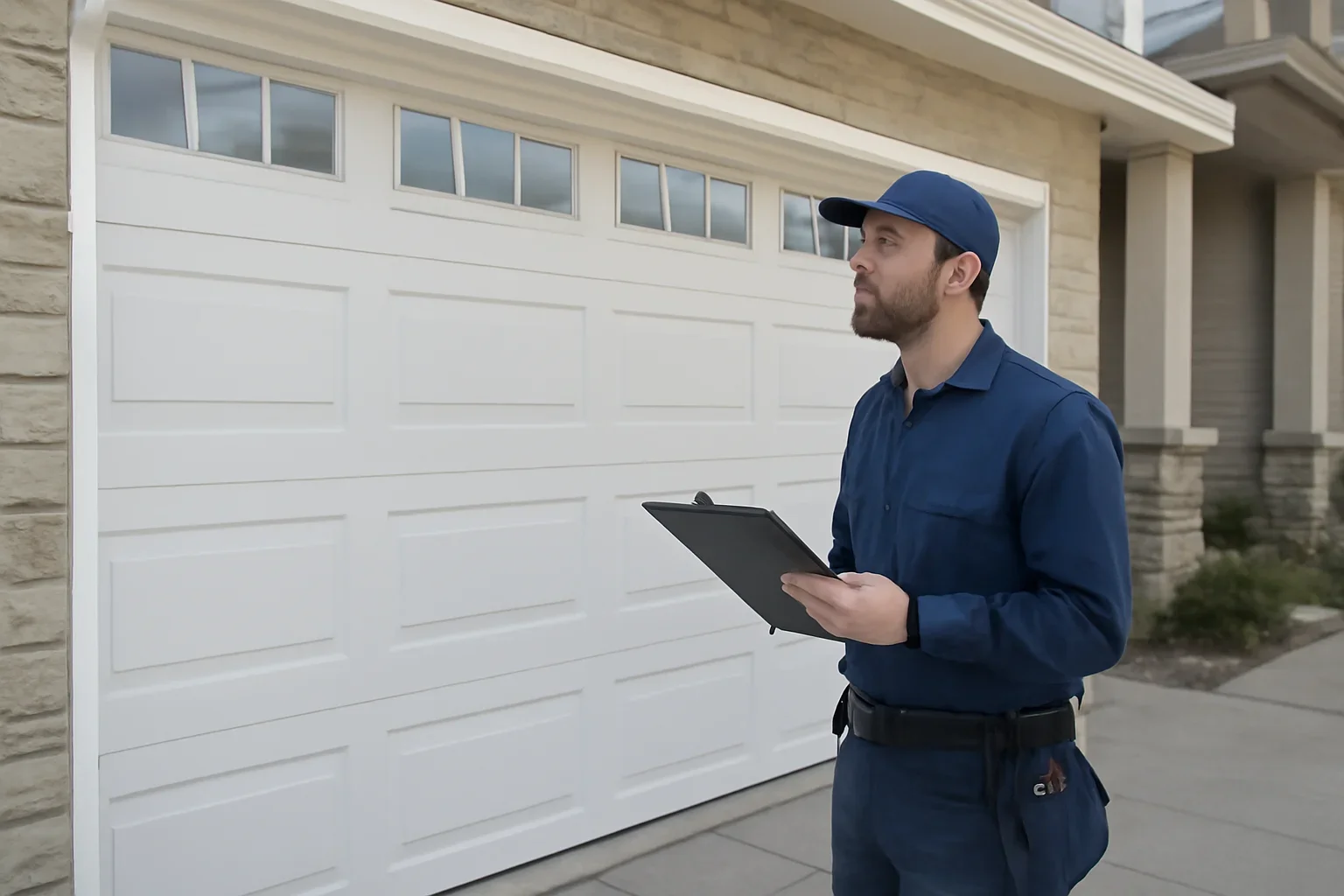 Technician inspecting a large commercial-style garage door at a Panorama Ridge Surrey property