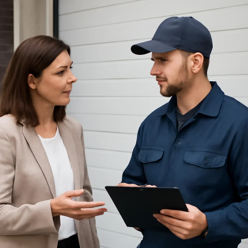 Industrial property manager discussing commercial garage door repair in Port Kells Surrey