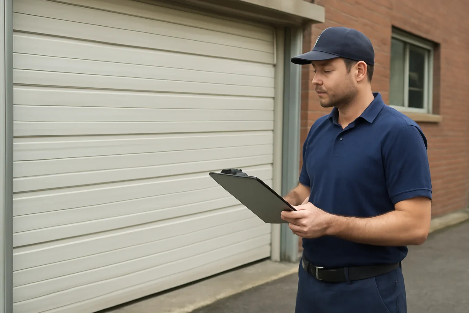 Technician reviewing a commercial garage door repair issue in Queen Mary Park Surrey