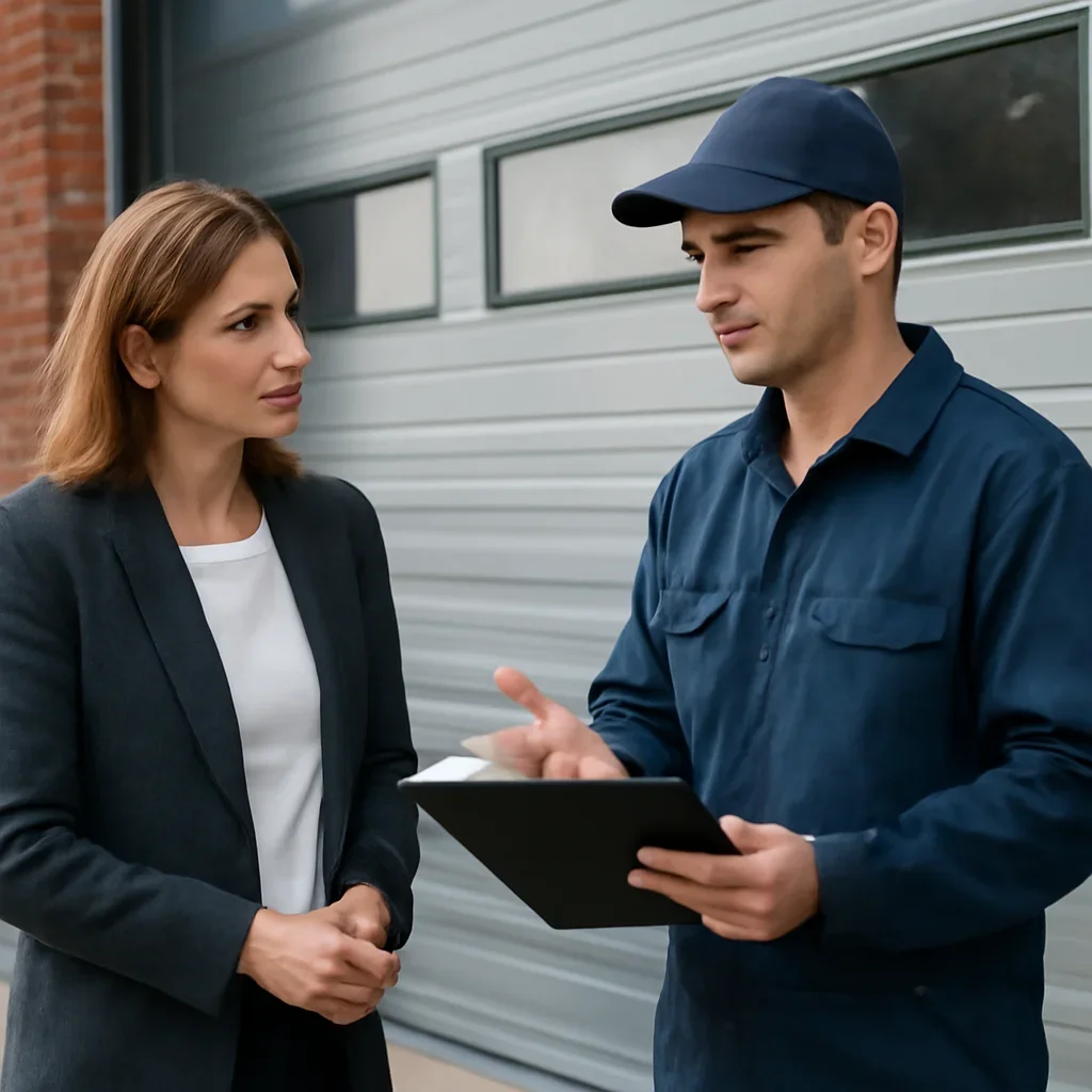 Property owner discussing commercial garage door repair in Royal Heights Surrey
