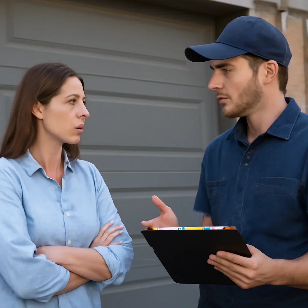 Property owner discussing commercial garage door repair in Semiahmoo Surrey