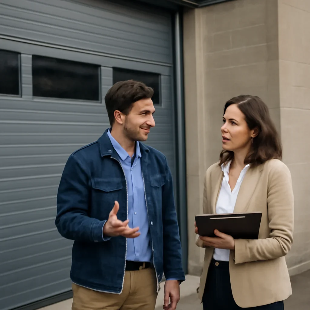 Property manager discussing commercial garage door repair in South Westminster Surrey