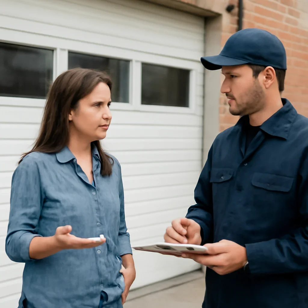 Property manager discussing commercial garage door repair in Strawberry Hill Surrey