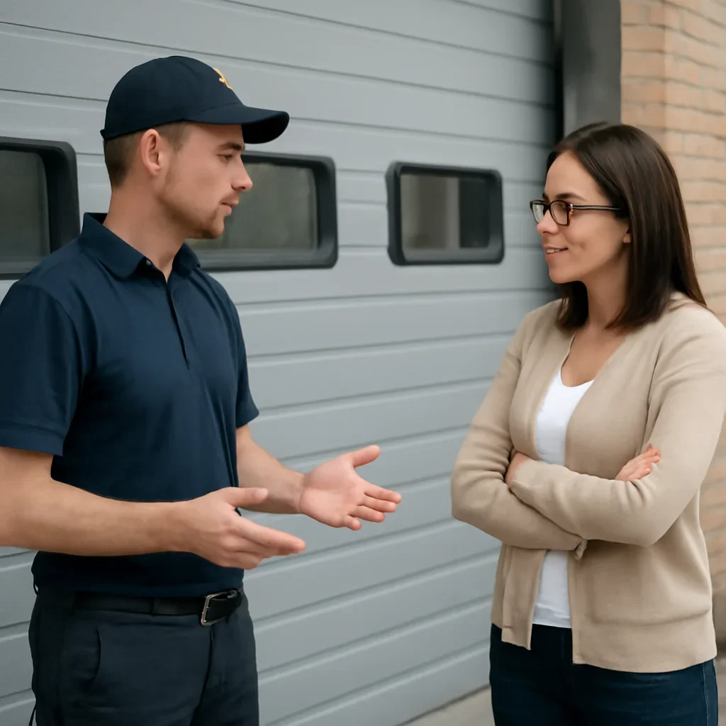 Property manager discussing commercial garage door repair in Sullivan Station Surrey
