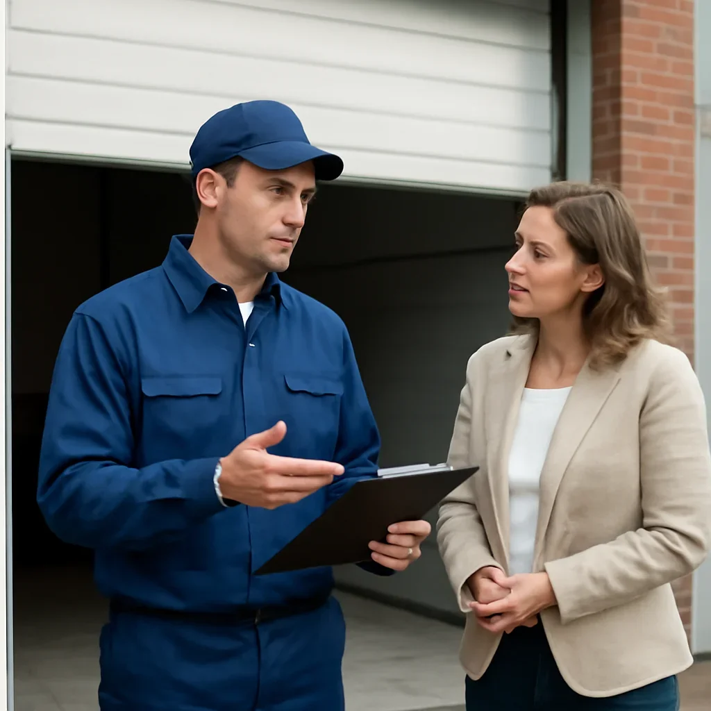 Property owner discussing commercial garage door repair in Sunnyside Surrey