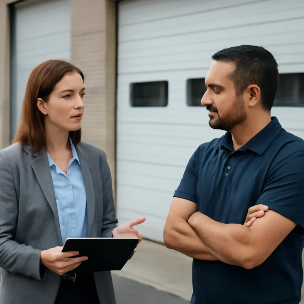 Property manager discussing commercial garage door repair in Tynehead Surrey