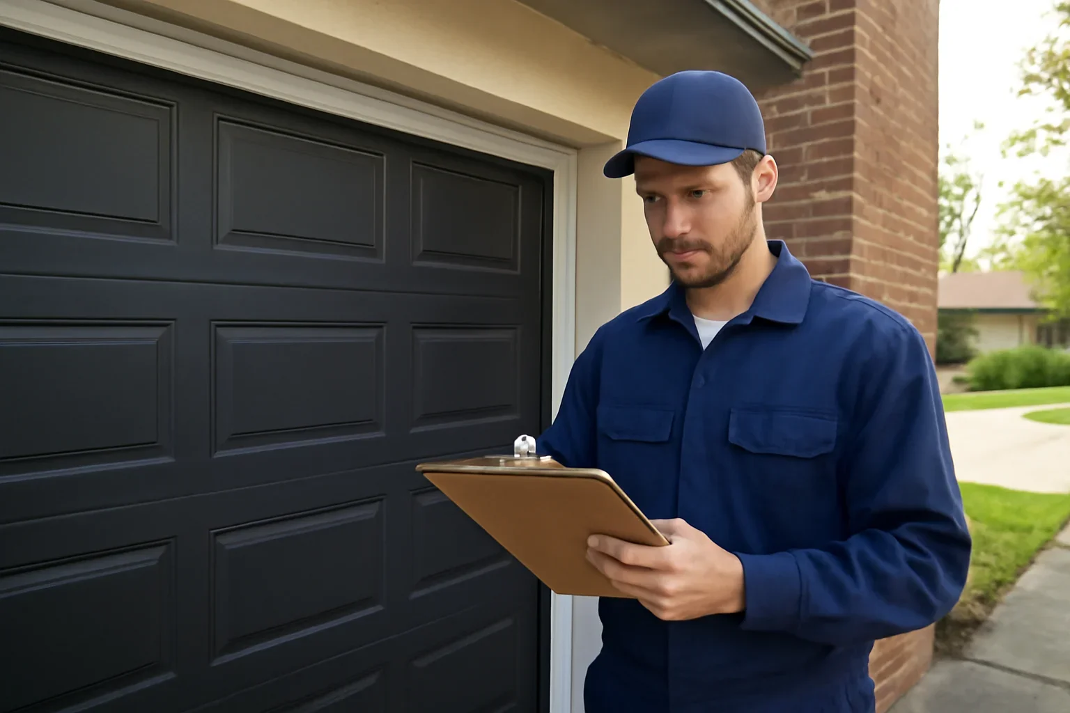 Garage door technician reviewing commercial garage door repair surrey west cloverdale at a Surrey property
