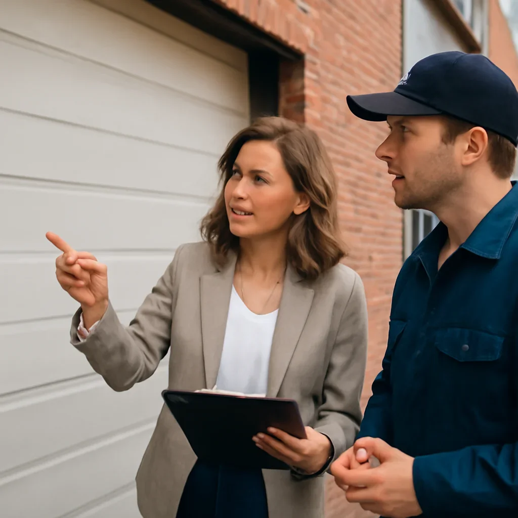 Property manager discussing commercial garage door repair in West Newton Surrey