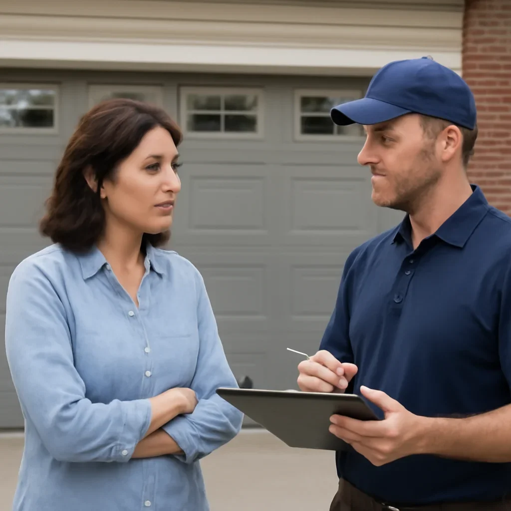 Homeowner comparing garage door repair versus replacement in Surrey