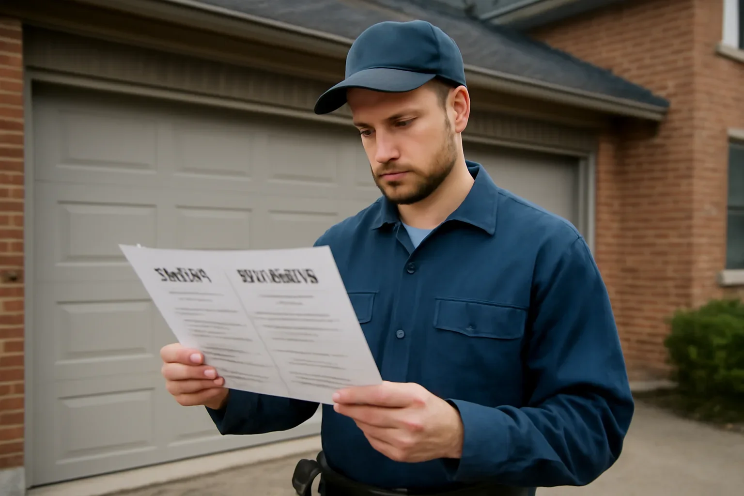 Garage door technician comparing repair versus replacement for a Surrey property